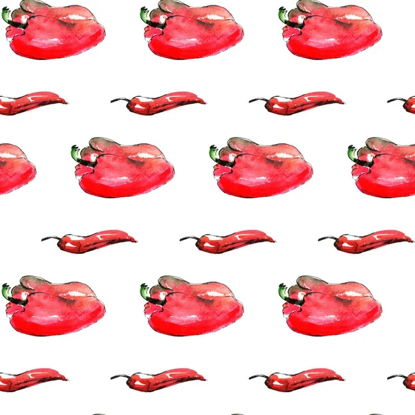 Paprika Och Hot Chili Sömlösa Mönster Vit Bakgrund Akvarell Illustration — Stockfoto