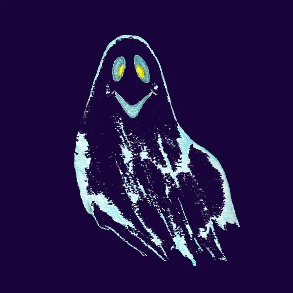 濃い青色の背景に隔離された大きな黄色の目を持つ透明な幽霊 ハロウィーンのイラスト — ストック写真