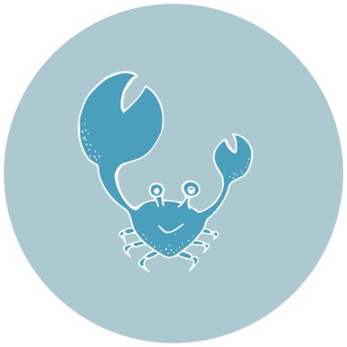 Mavi arka planda büyük bir yengecin mavi silueti. Anaokulu tişörtü, çocuk kıyafetleri, parti ve bebek partisi davetiyesi için okyanus hayvanları tasviri. Okyanus arkasını kurtarın.