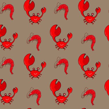 Kırmızı yengeç ve bej arka planda dikişsiz karides deseni. çizgi film biçimi, vektör illüstrasyonu