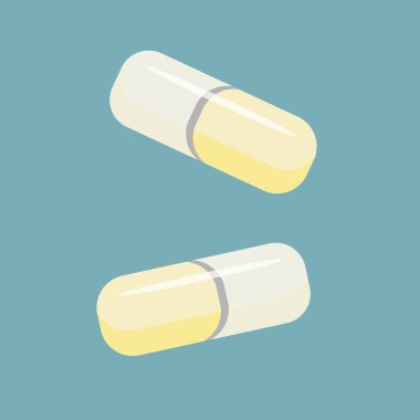 Tıbbi hap ikonu mavi arka planda izole edilmiş. İlaç kapsülü tableti düz stil. Doğal hazırlıklar. Kalpazanlık ilaçları. Antibiyotik. Vitamin eksikliği hapı. Vektör illüstrasyonu.