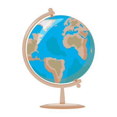 Düz stil okul küresi beyaz arka planda izole edilmiş. Dünya coğrafya haritası ikonu. Okul malzemeleri. Vektör basit karikatür çizimi. Okula dönelim. Eğitim Öğrenim Konsepti. 