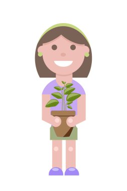 Beyaz arka planda izole edilmiş, tencerede bitkisi olan mutlu genç bir kız. Ev işleri konsepti. Vektör basit illüstrasyon. Simge ya da sembol olarak kullanılabilir. Dekorasyon ögesi.