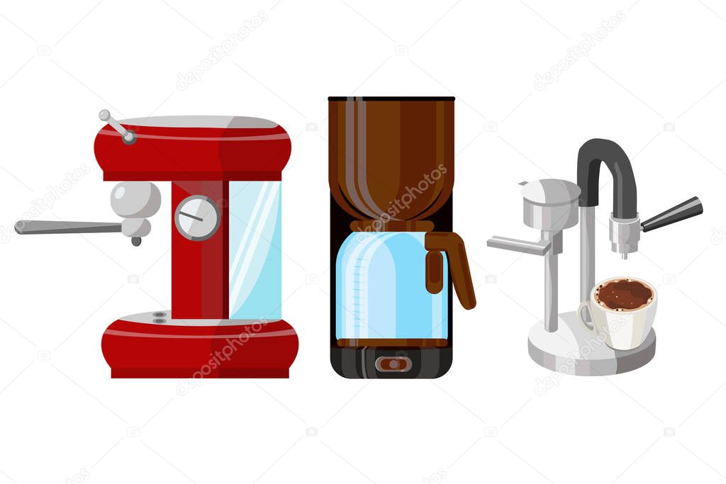 Set of Coffee makers in Original design. Coffee machine for home kitchen. Vector illustration EPS 10 Isolated on white background.