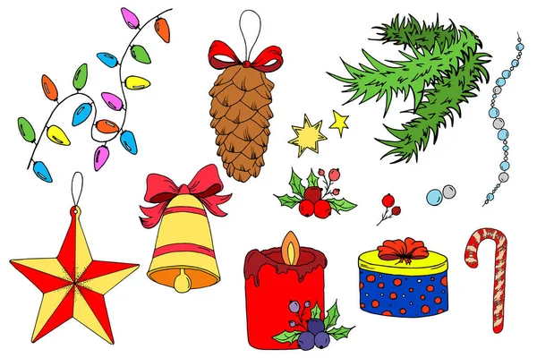 Conjunto Juguetes Árbol Navidad Decoraciones Para Hogar Guirnalda Navidad Vector — Archivo Imágenes Vectoriales