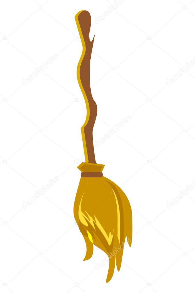 Big yellow broom with long wooden handle isolated on white. Harry Potter's Magic broom. Witch's broom, witching attribute of flight, household implement from dirt. Halloween vector illustration.