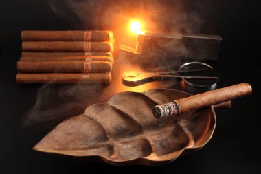 Havana Puro bir Puro Kesici ve Çakmak Ve Puro Bir Dizi Ile Duman Bukleler çevrili ahşap bir kültablası içinde tutuşturuldu
