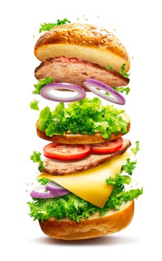 Maddeler izole kırpma yolu ile beyaz arka plan üzerinde uçan ile lezzetli burger yüzen