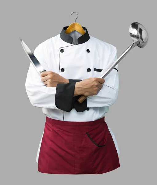 Kocken Uniform Med Handen Håller Kniv Och Slev Trä Klädhängare — Stockfoto