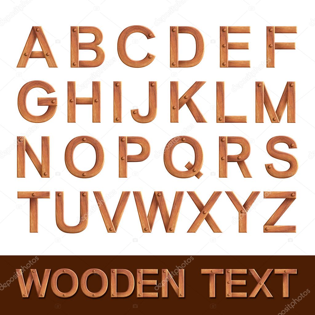 Wooden English alphabet text set isolated on white background