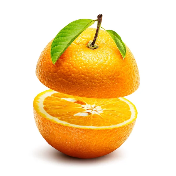 Skiva Orange Gröda Med Grönt Blad Isolerad Vit Bakgrund Med — Stockfoto
