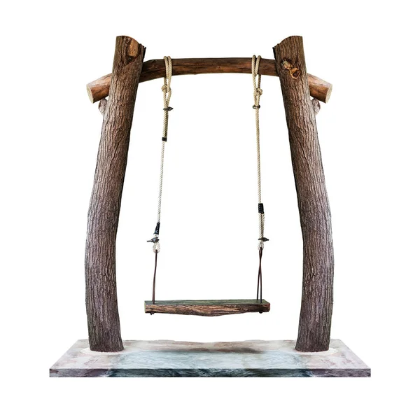 Wooden Swing Hanging Tree Trunk Pillar Playground Isolated White Background — Stock Photo, Image