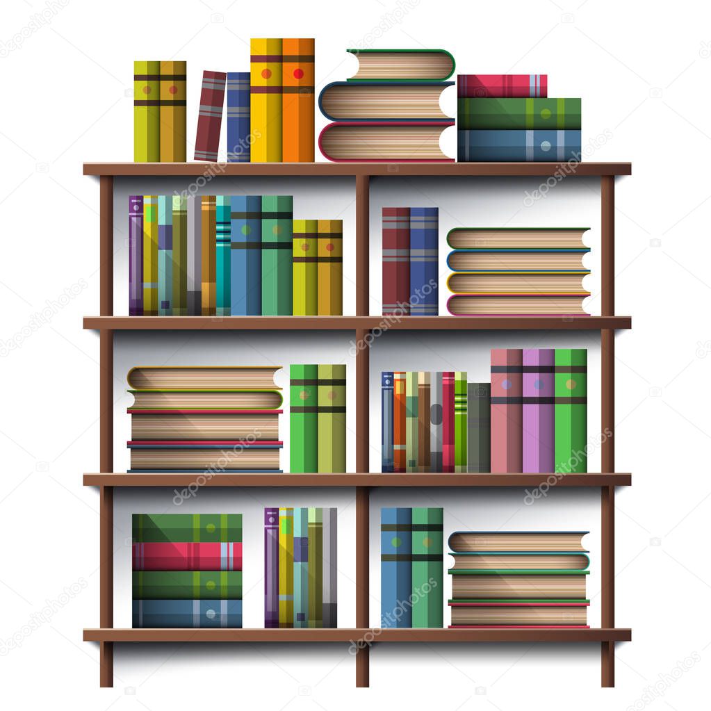 Book on wooden wall shelf isolated on white in illustration vector icon design