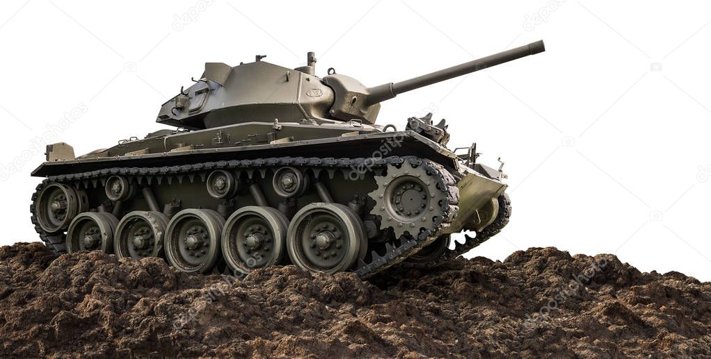 Heavy armor military tank attacking on ground isolated on white background with clipping path