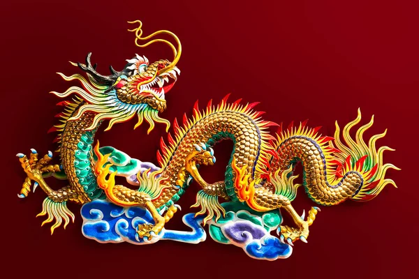 Chinese Golden Dragon Statue Decoration Public Temple Isolated Red Background — Stock Photo, Image