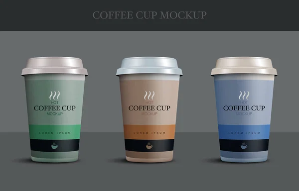 Gri arka plan, sıcak içecek için tek kullanımlık plastik ve kağıt kahve fincanı izole kafe için karton kahve fincanları mockup şablonu seti, Vektör illüstrasyon