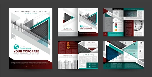 Business Brochure Template Triangles Squares Graphic Design Scale Green Red — Stock Vector
