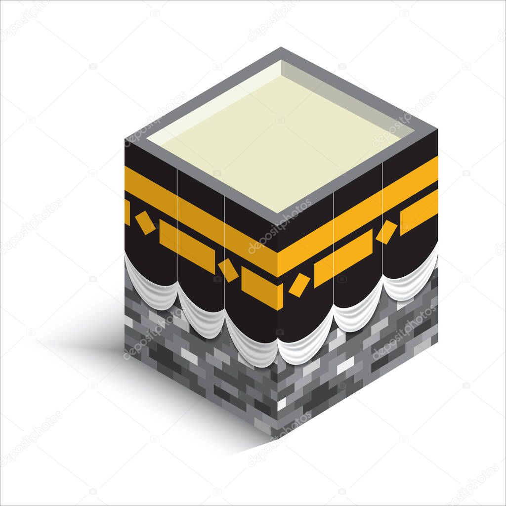 Isometric Design kaaba, Mecca building, qibla of Muslims. To complement the design of the brochure, the pilgrimage flyer, umrah or Islamic religious tourism.