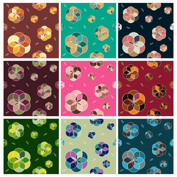 Abstract geometrical circle flower seamless pattern with colour combinations. Modern design, minimalist, suitable for wallpapers, fabric pattern, banners, backgrounds, cards, etc.