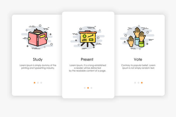 Onboarding screens design in meeting and brainstorm concept. 