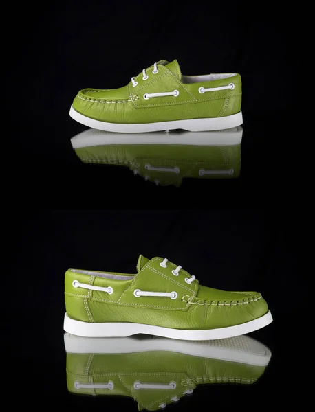 Female Green Leather Shoes Black Background Isolated Product — ストック写真