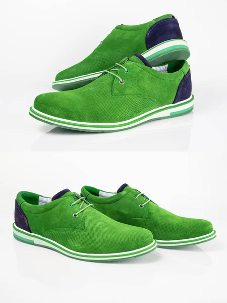 Pantofi Eleganți Din Piele Verde Sex Masculin Fundal Alb Produs — Fotografie, imagine de stoc