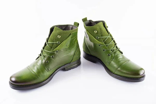 Pair Male Green Leather Boots White Background Isolated Product Top — Stock Photo, Image