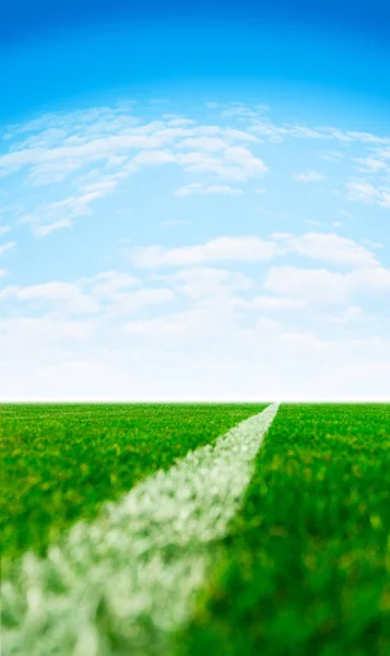 Green synthetic grass sports field with a white line in perspective and blue sky. Background with copy space. Close up.