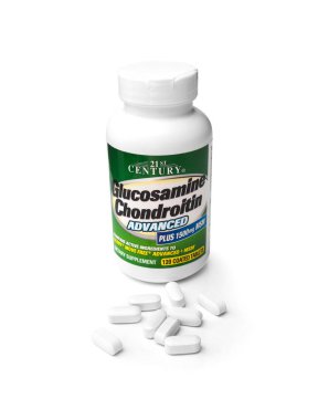 CHISINAU, MOLDOVA - July 15, 2018: 21st Century's Glucosamine Chondroitin Advanced with MSM is a unique formula that helps promote joint health. Isolated on white background clipart