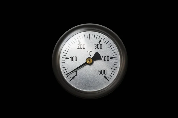 Celsius Thermometer Temperatuurmeter Van Een Kachel Geïsoleerd Zwarte Achtergrond Met — Stockfoto