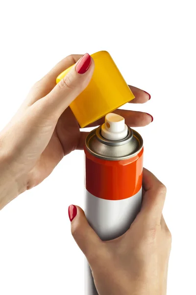 Aluminum spray can with plastic cap on hand with white backgroun — Stock Photo, Image