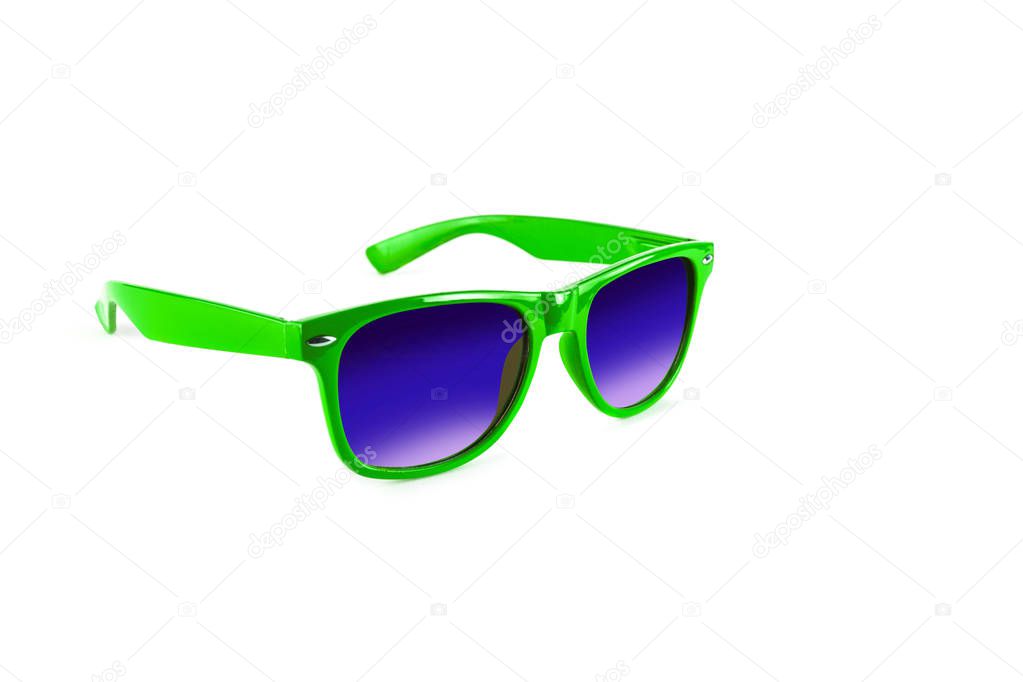 Green sunglasses to protect your eyes from the sun isolated on white background