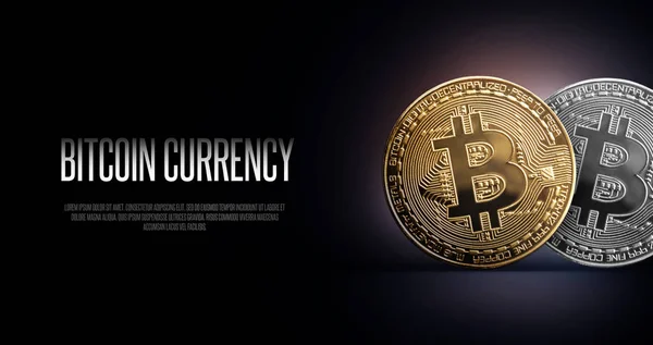 Заголовок банер Bitcoin. Золото і Silwer монету. Cryptocurrency з місцем для власного тексту. — стокове фото