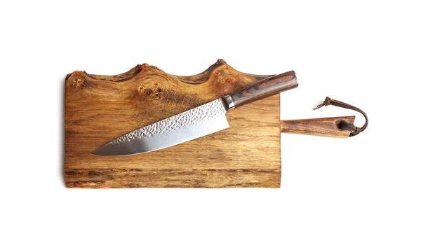 Cuchillo Para Cocina Sobre Tabla Cortar Madera Vieja Aislado Sobre — Foto de Stock