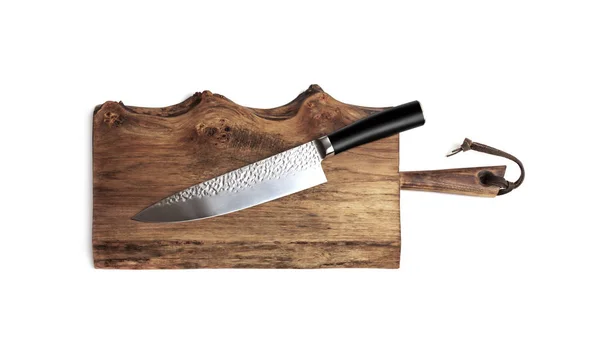 Knife Kitchen Old Wooden Cutting Board Isolated White Background — Stock Photo, Image