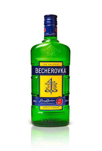 Product shot of Czech herbal bitters Becherovka bottle