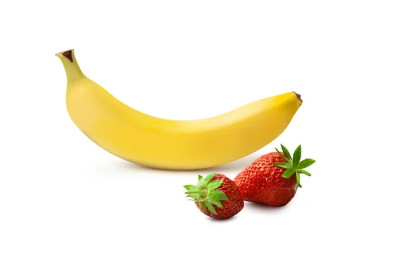 白にアイソラーなバナナとイチゴ — ストック写真