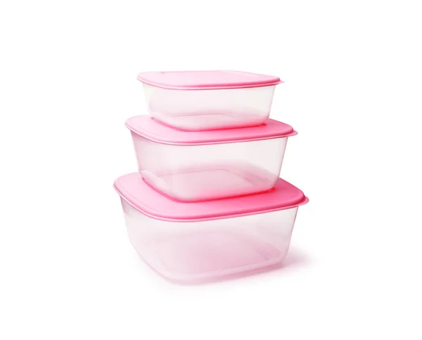 Recipientes de plástico para armazenamento de alimentos isolados sobre fundo branco — Fotografia de Stock