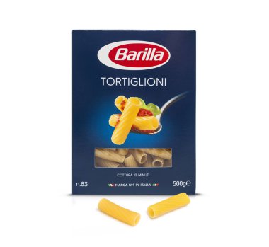 Bir kutu içinde Barilla Tortiglioni İtalyan makarna