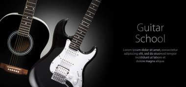 Siyah akustik ve elektro gitar siyah bir zemin üzerine.