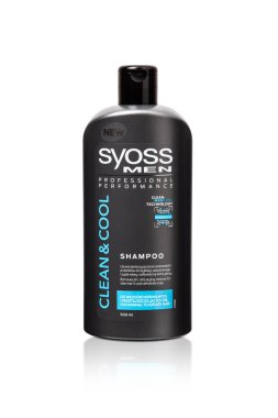Beyaz arka planda izole edilmiş plastik şişe, Syoss Shamoo.