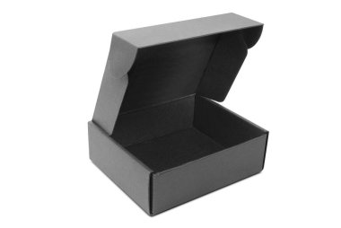 Kapalı tek karton kutu beyaz arka planda izole edilmiş, paket teslimatı için siyah karton kutu. kırpma yolu ile
