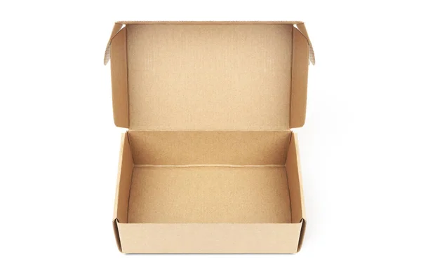 Close Jednotlivé Kartonové Krabice Otevřené Prázdné Izolované Bílém Pozadí Hnědý — Stock fotografie