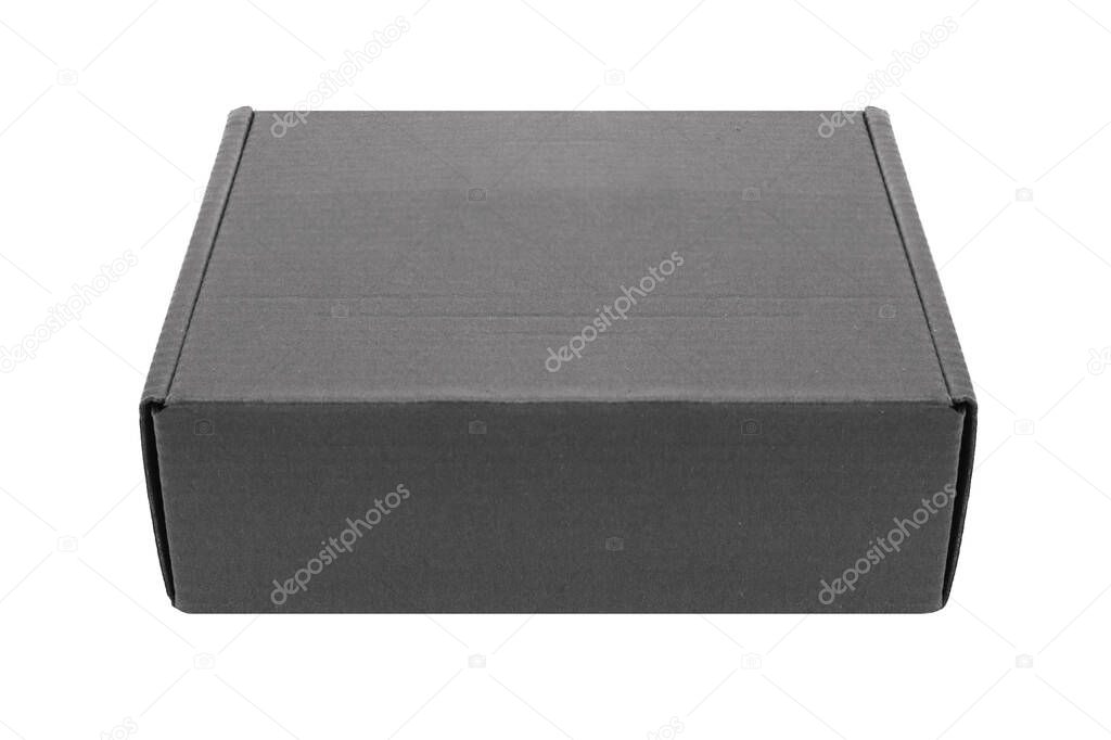 close-up single carton box isolated on white background, black parcel cardboard box for packages delivery. With clipping path