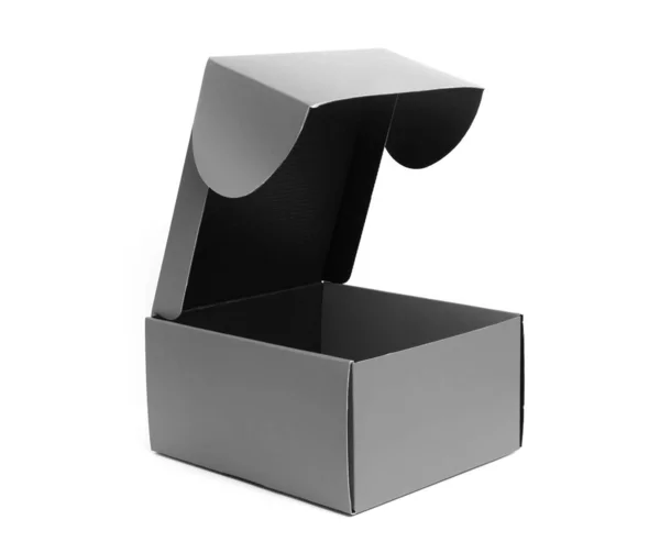Geopende Zwarte Kartonnen Geschenkdoos Verpakking Voor Winkelen Geschenken Geïsoleerd Witte — Stockfoto
