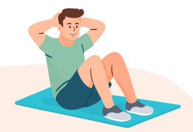 Genç bir adam karın kaslarını çalıştırıyor, yoga minderinde mekik çekiyor, sağlıklı bir yaşam tarzını destekliyor.