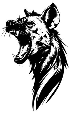 Sırtlan kafası hırıldıyor, agresif bir ifade ve çıplak diş çizimi var.