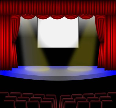 Lüks kırmızı perdeli konferans salonu. 