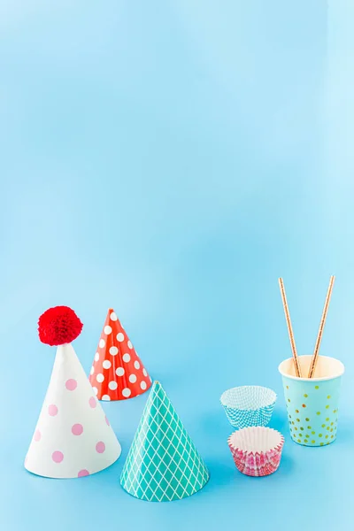 Kids Party elements in sweet blue tone concept. Birthday party celebration for children eat and fun.