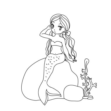 Mutlu çocuklar için şirin çizgili denizkızı boyama sayfası etkinlik yapıyor..